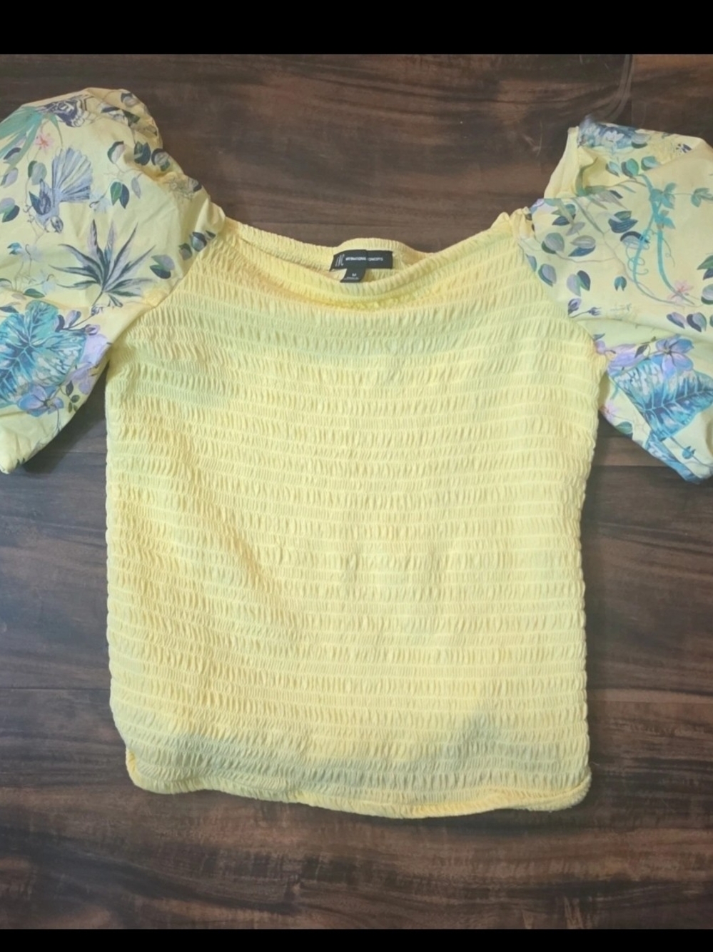 INC International Concepts Yellow Smocked Crop Top with Floral Puff Sleeves